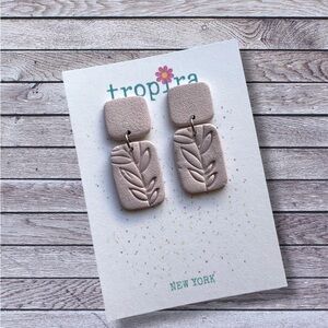 Cream Leaf Floral Stencil Design Polymer Clay Earrings